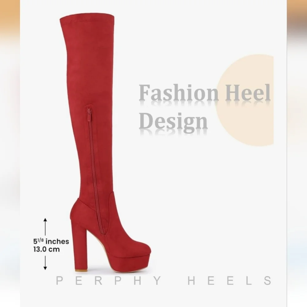 Perphy Platform Chunky Heel Red Over Knee Thigh High Boots for Women NWOT Sz 6.5